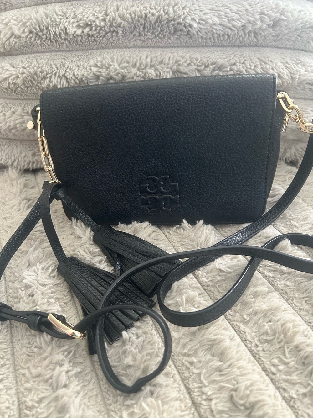 Tory Burch McGraw Fold Over Black Leather Tassel Crossbody Bag